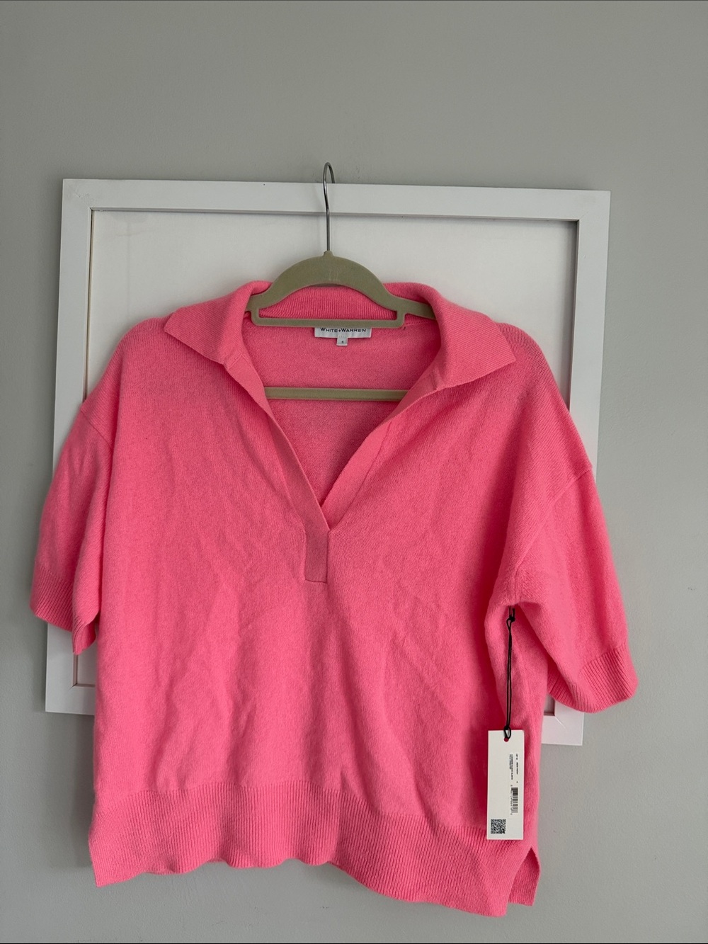 White + Warren Neon Peony 100% cashmere Polo Sweater Elbow sleeved boxy fit
